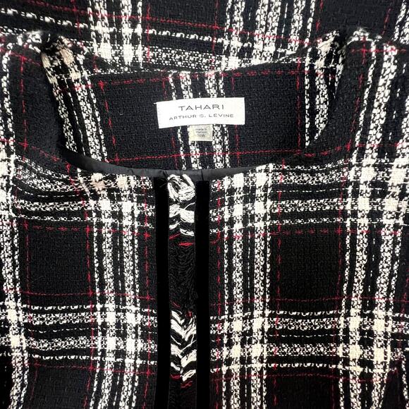 NWT Tahari Size 16W Open Front Tweed Fringe Long Jacket Coat Black White Plaid - Picture 5 of 9